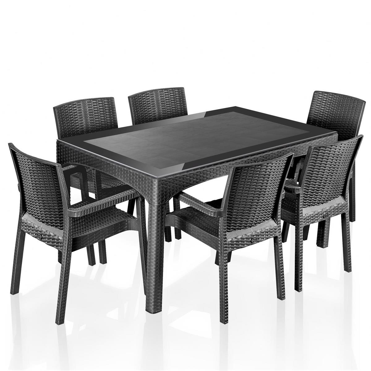 Brezza Rattan Camlı Bahçe Masa Takımı 90x150cm 6 Kişilik - Antrasit küçük görsel