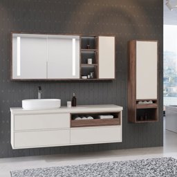 Aquanil İmperia 160 Cm Banyo Dolabı - Krem/Ceviz görseli