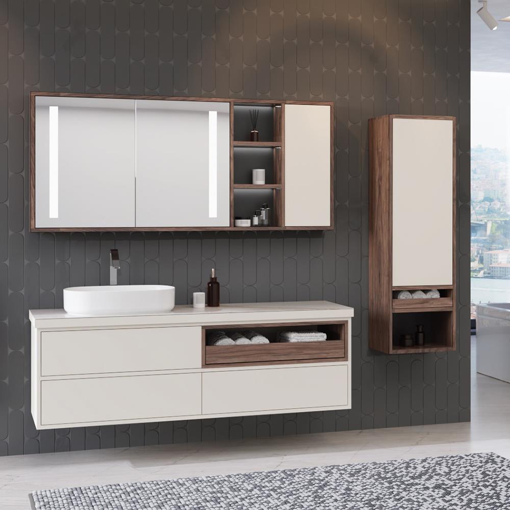 Aquanil İmperia 160 Cm Banyo Dolabı - Krem/Ceviz küçük görsel