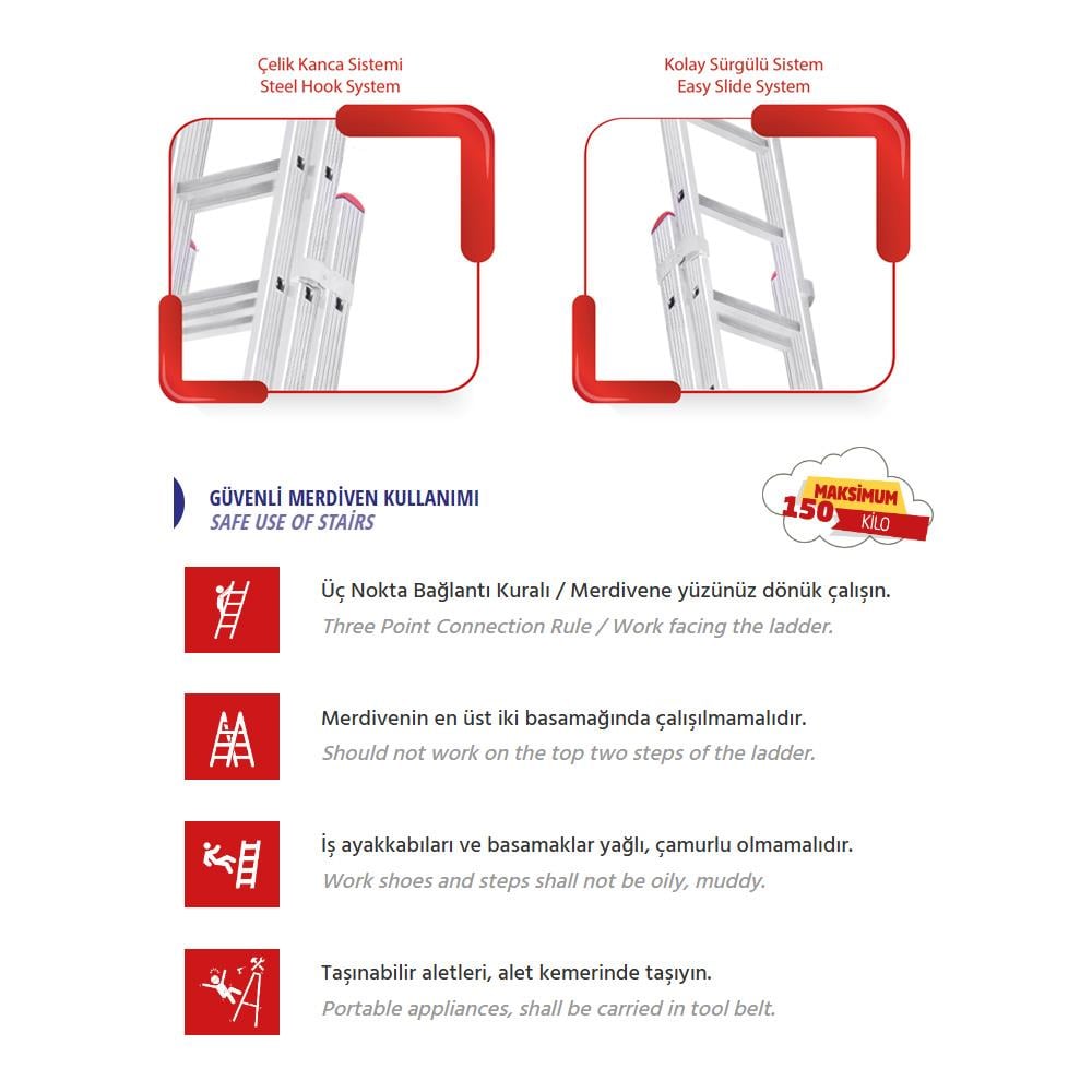 Akrobat Üç Parçalı Sürgülü Alüminyum Merdiven 3X250 Cm PTT Merdiveni küçük görsel