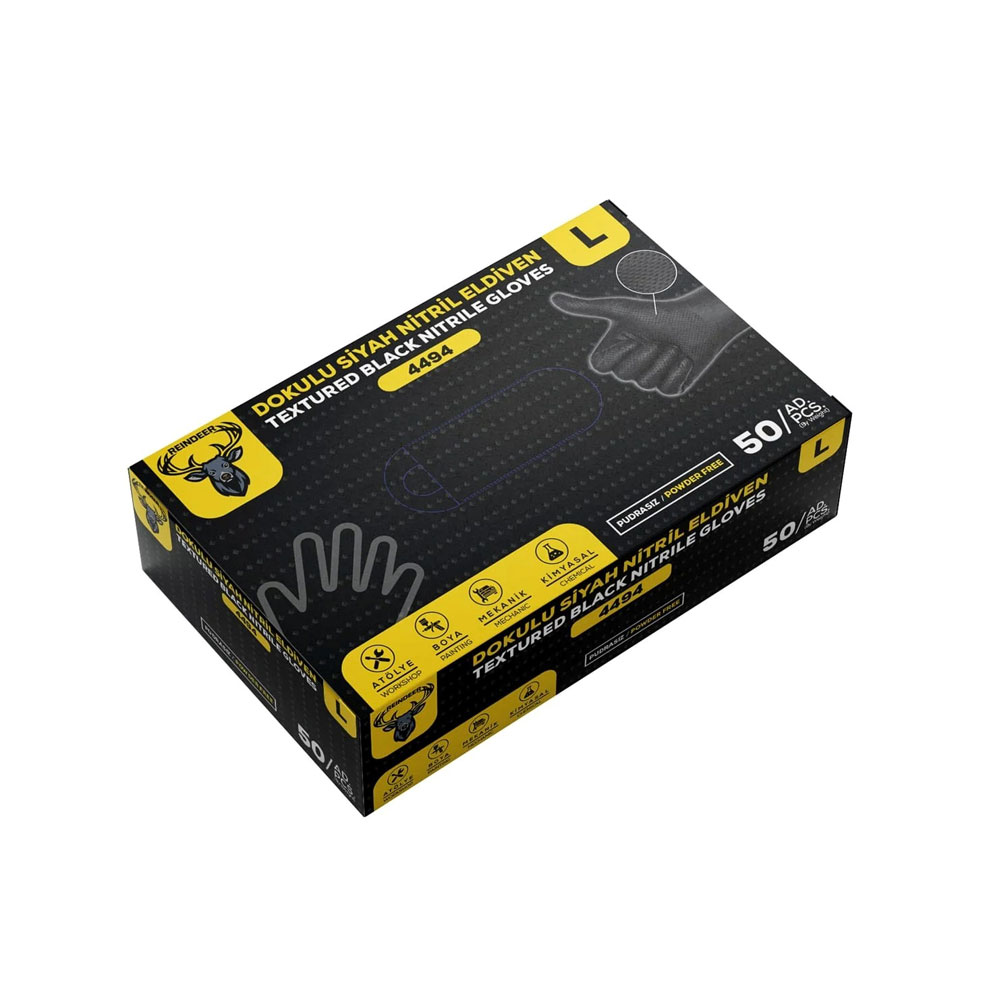 Reindeer 4494 Nitril Eldiven Siyah Kalın Dokulu M Beden 50'Li küçük görsel