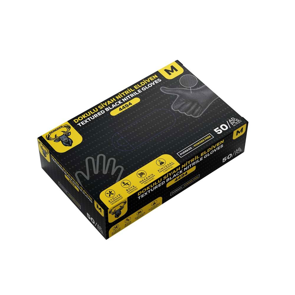 Reindeer 4494 Nitril Eldiven Siyah Kalın Dokulu M Beden 50'Li küçük görsel