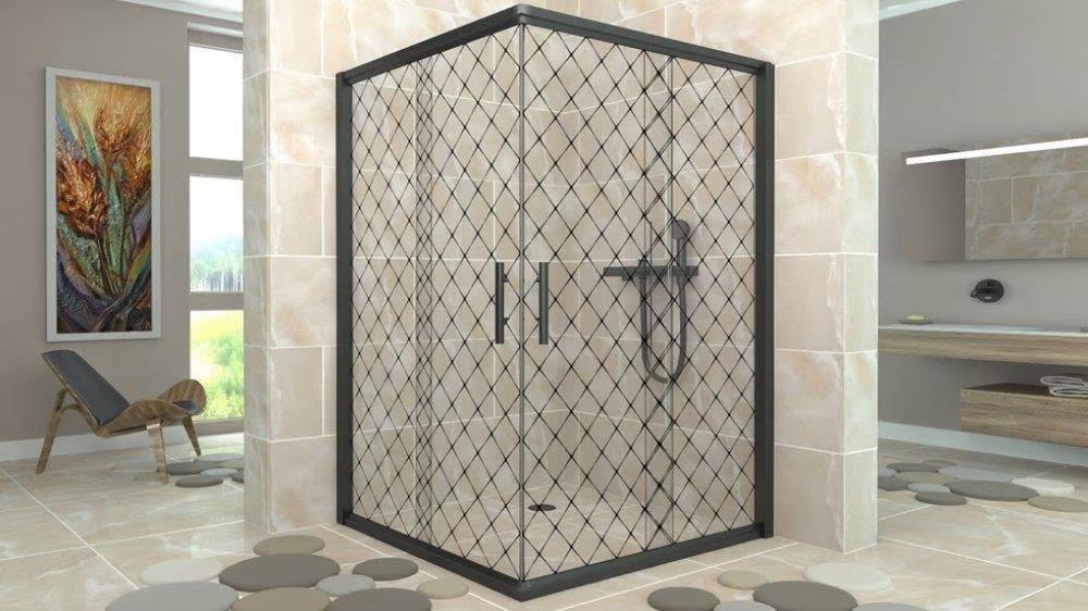 Aquanil İndiana 6mm Kare Siyah Profil Darky Desen Cam Duşakabin 100x100cm görseli