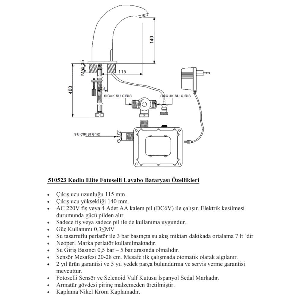Newarc Tekno Elite Fotoselli Lavabo Bataryası 510523 küçük görsel