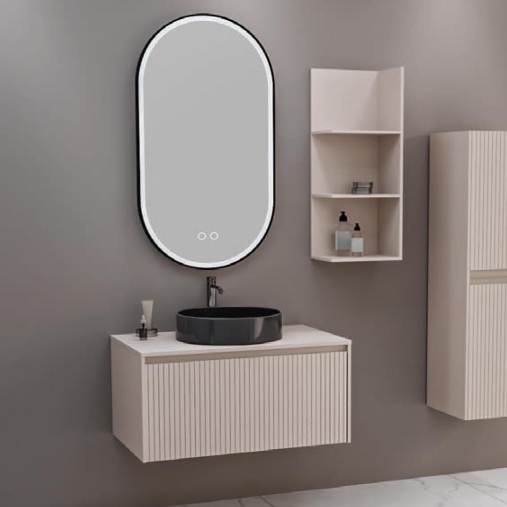 Aquanil Almonde 80 Cm Banyo Dolabı Siyah Lavabolu - Krem görseli
