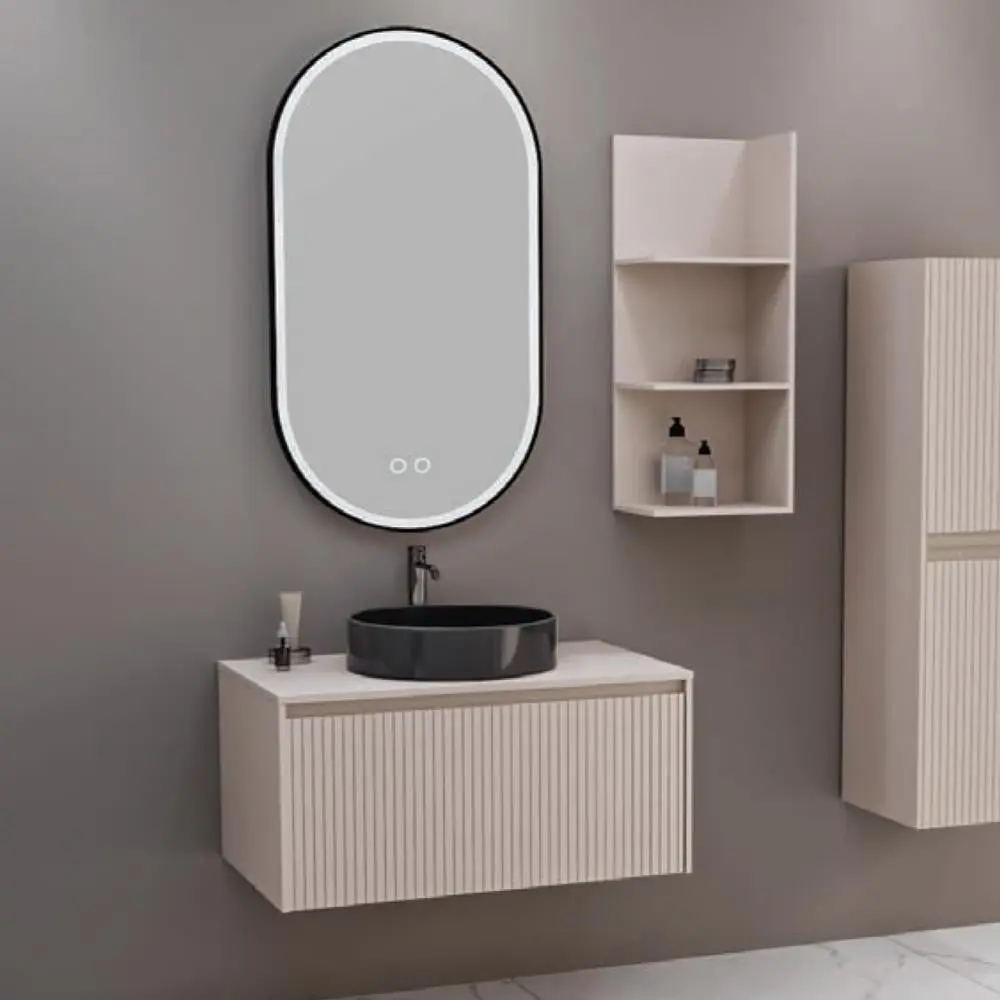 Aquanil Almonde 80 Cm Banyo Dolabı Siyah Lavabolu - Krem görseli