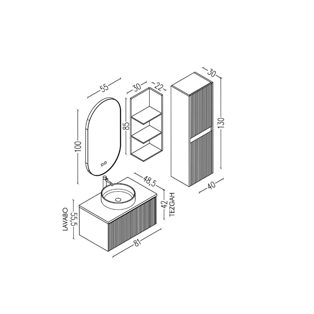 Aquanil Almonde 80 Cm Banyo Dolabı Siyah Lavabolu - Krem küçük görsel