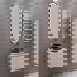 Aquanil Almonde 80 Cm Banyo Dolabı Siyah Lavabolu - Krem küçük görsel