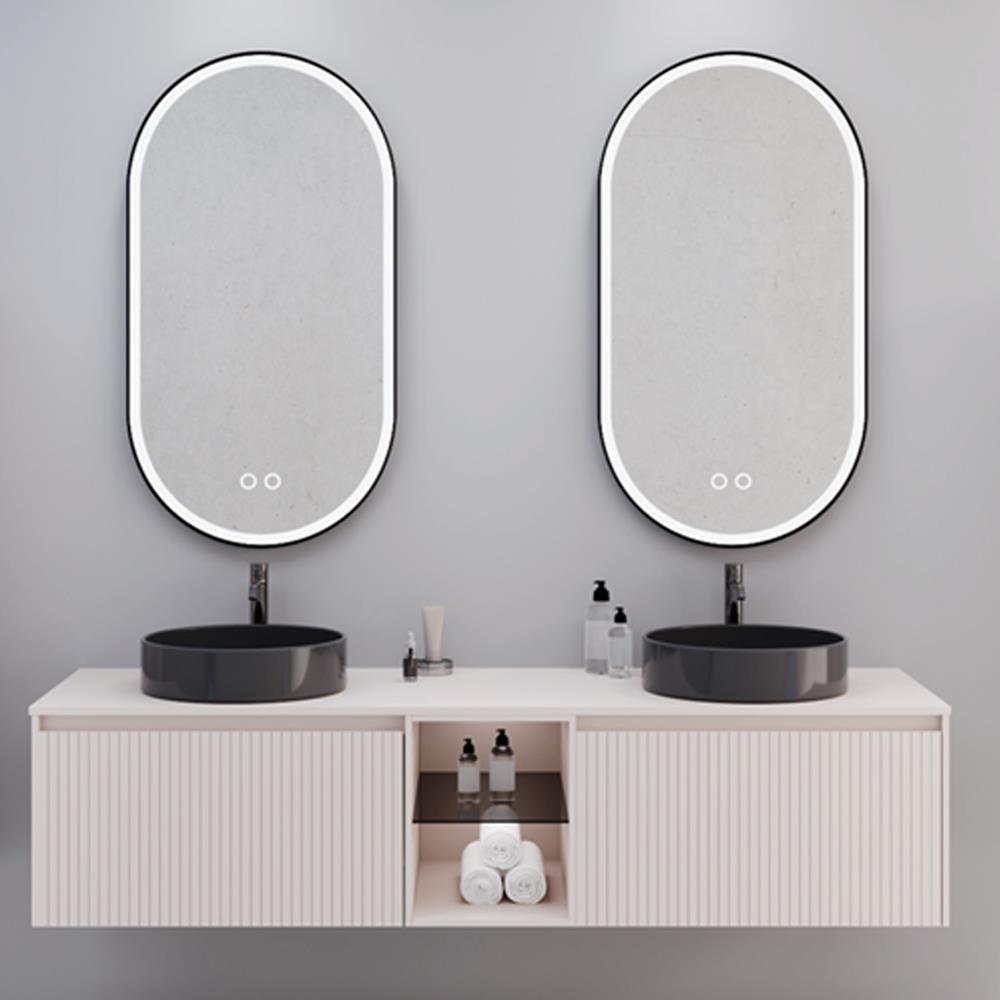 Aquanil Almonde 160 Cm Banyo Dolabı Siyah Lavabolu - Krem görseli