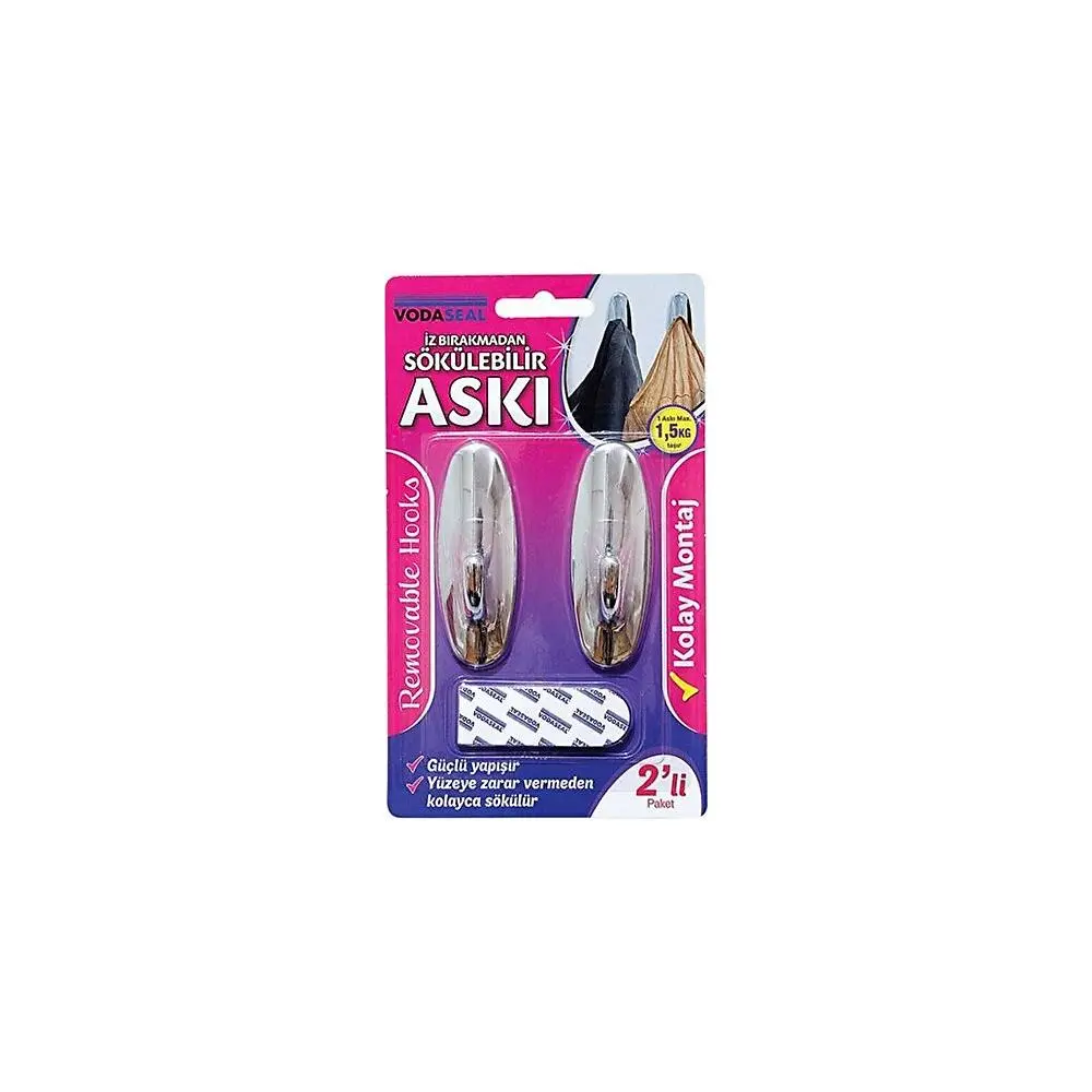 Vodaseal İz Bırakmadan Sökülebilir Yapışkanlı Askı 2'Li Oval Krom görseli