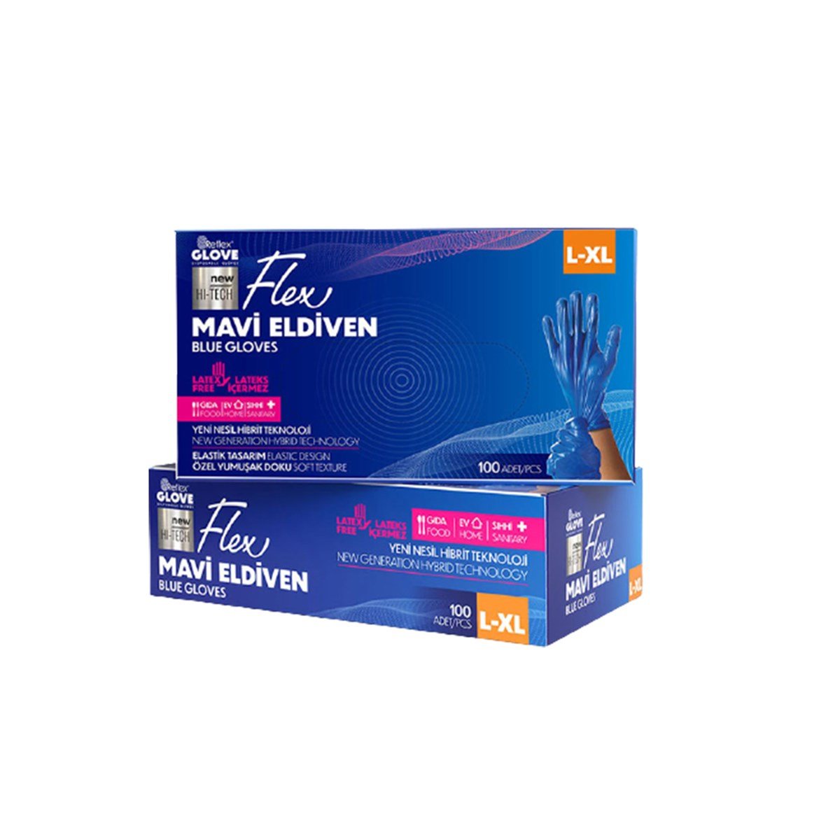 Reflex Flex Pudrasız Eldiven Mavi L-XL Beden Yeni Nesil Hibrit Teknoloji 100'Lü Paket görseli
