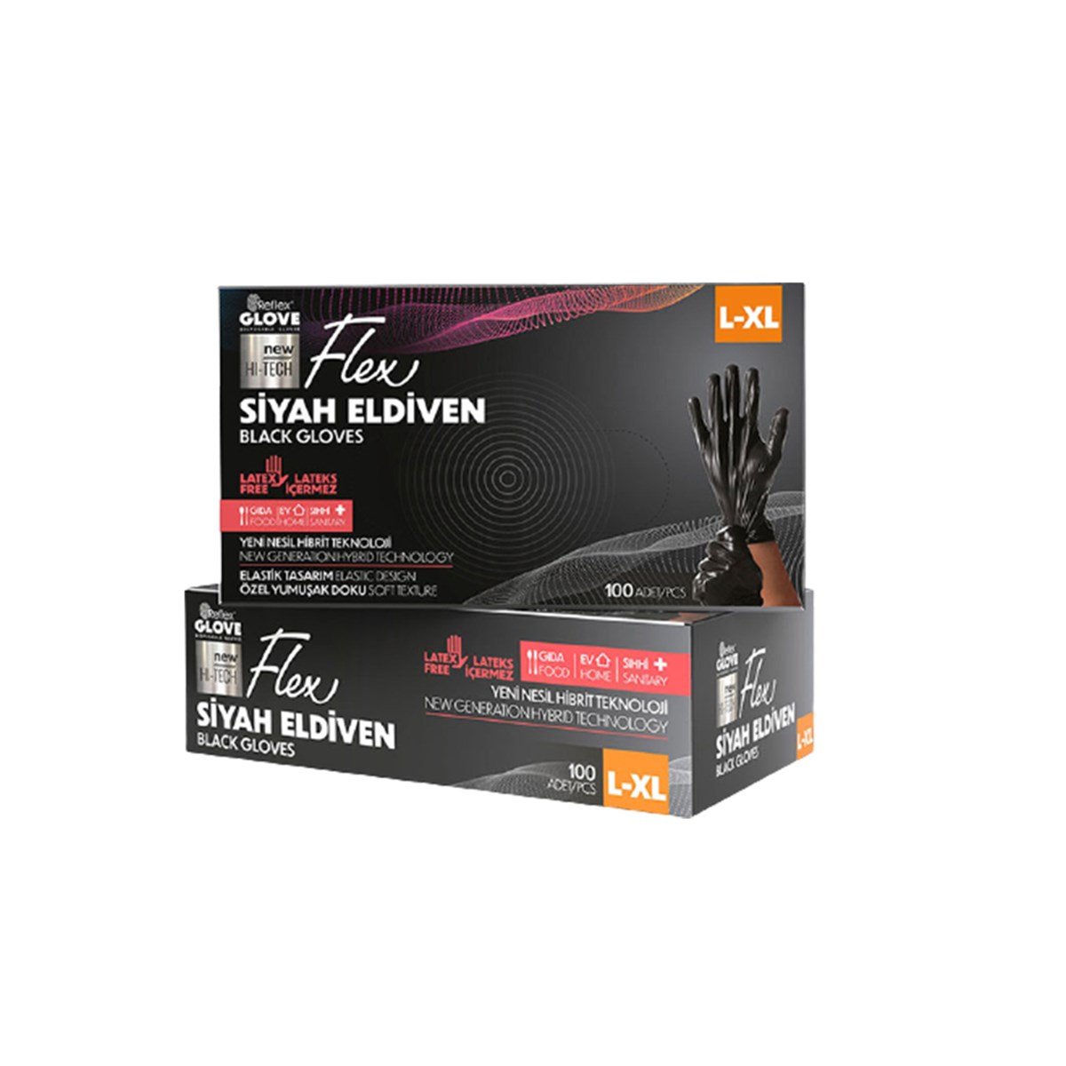 Reflex Flex Pudrasız Eldiven Siyah L-XL Beden Yeni Nesil Hibrit Teknoloji 100'Lü Paket görseli