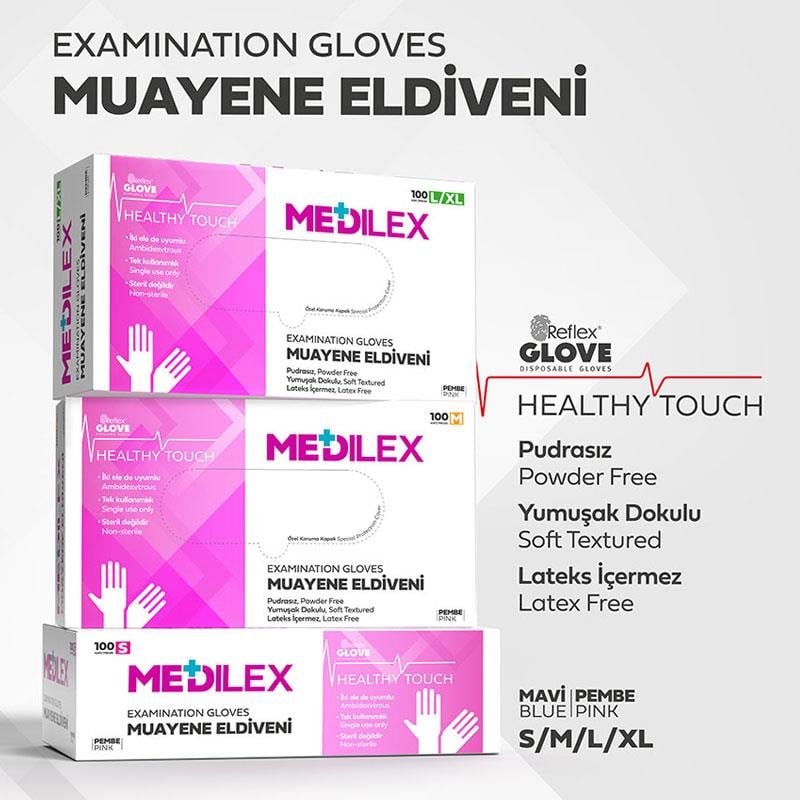 Reflex Medilex Pudrasız Muayene Eldiveni Pembe S Beden 100'lü Paket küçük görsel