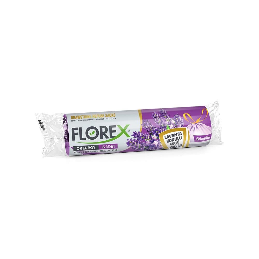 Florex 403 Lavanta Kokulu Büzgülü Orta Boy Çöp Poşeti 55X60Cm 10'Lu görseli