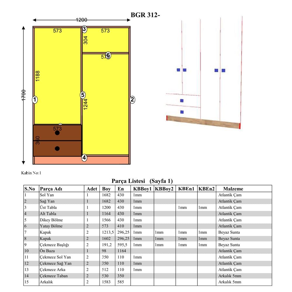 Bgr 4 Kapaklı Çekmeceli Askılı Gardırop küçük görsel