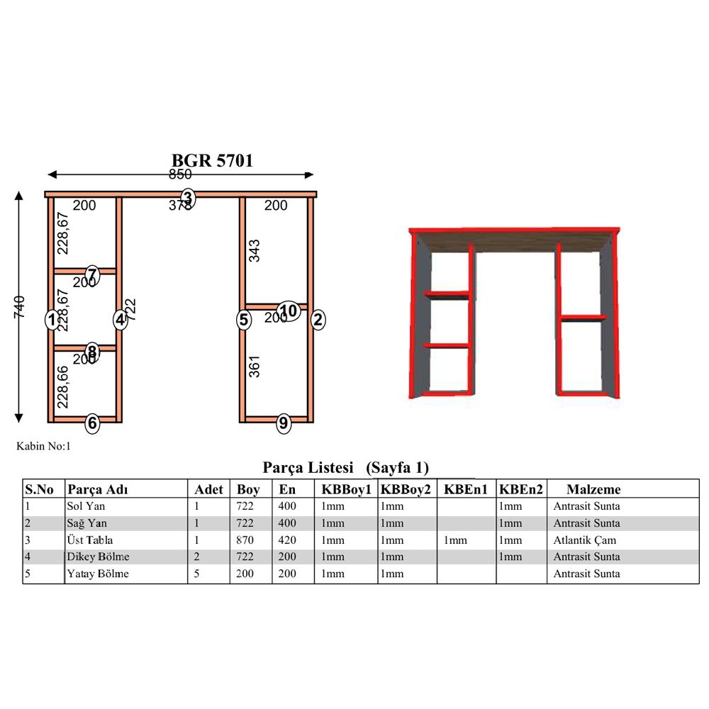 Bgr Çift Raflı Çalışma Masası Antrasit-Çam küçük görsel