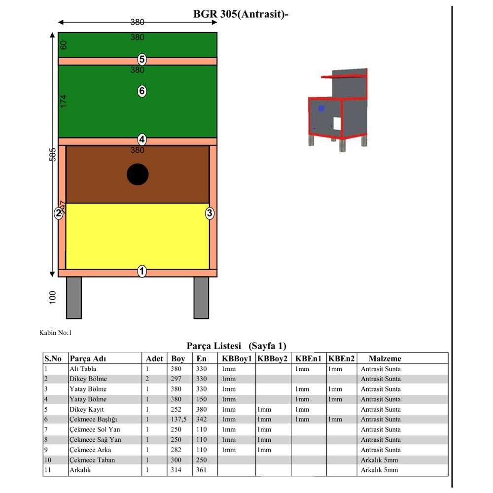 Bgr 305-B Çekmeceli Komodin Antrasit küçük görsel