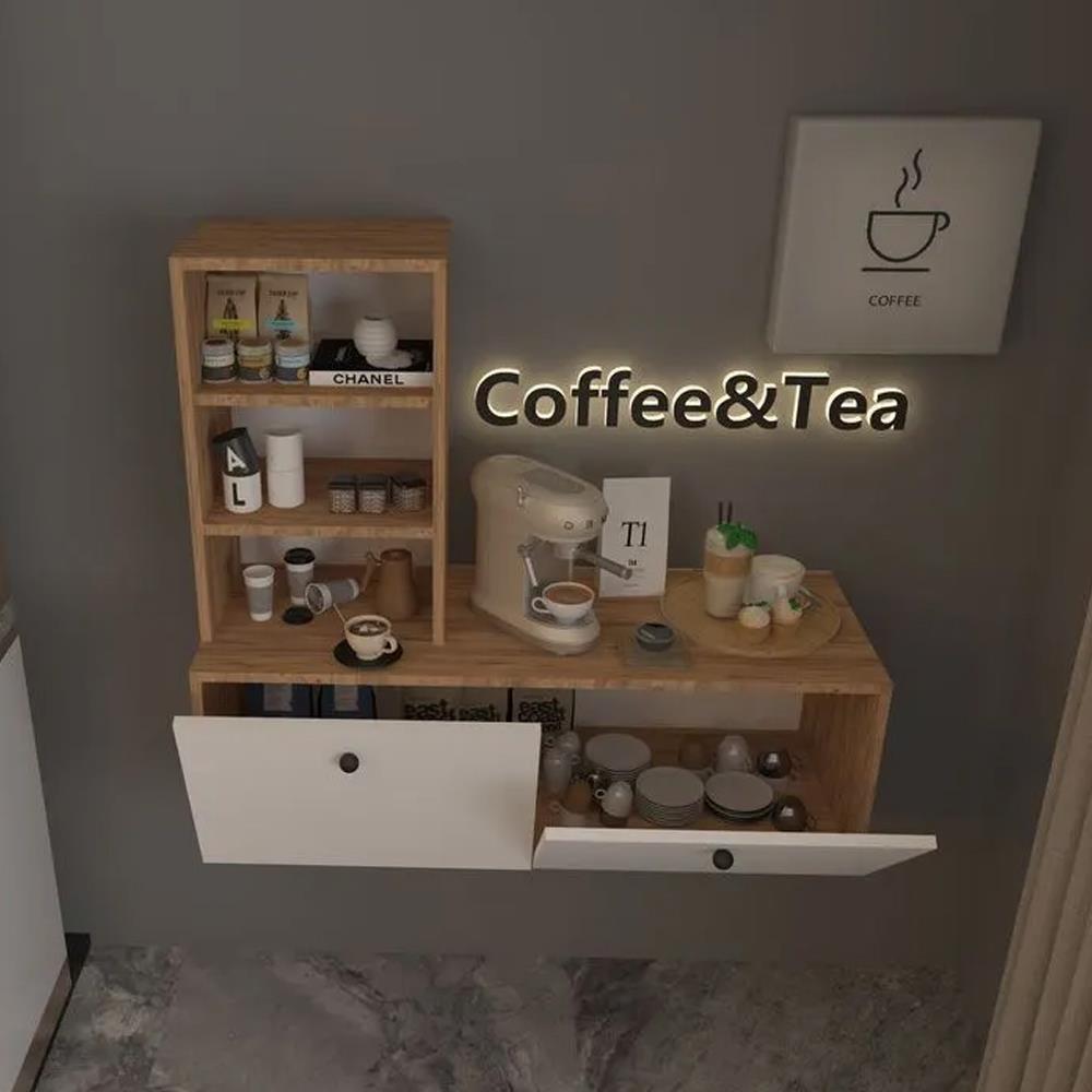 Bgr Duvara Monte Raflı Kahve Köşesi Beyaz-Çam küçük görsel